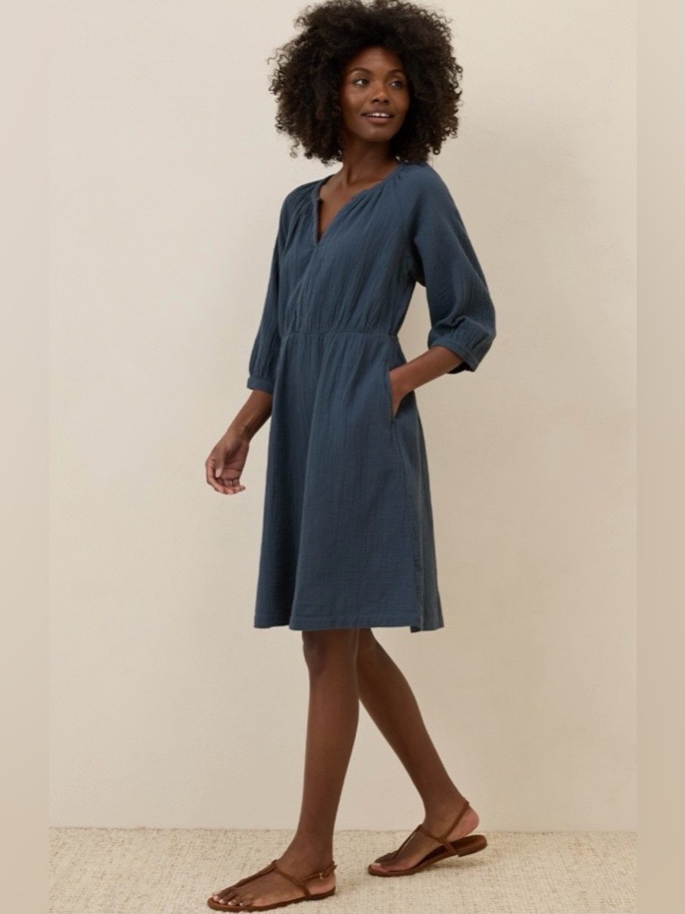 Pact Navy Blue V-Neck Long Sleeve Midi Dress